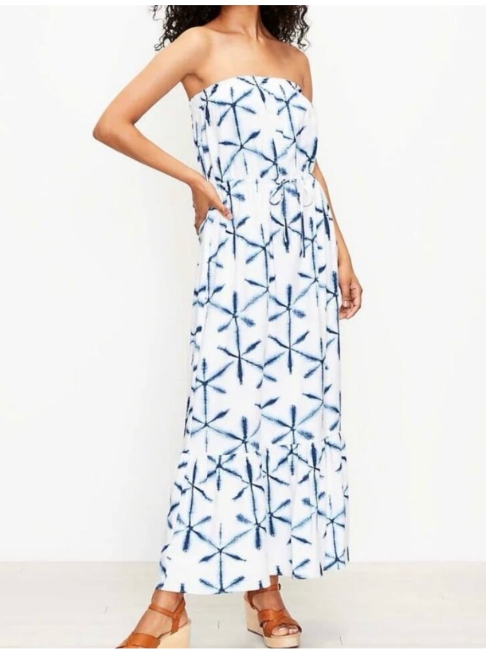 LOFT White Strapless Tie-Dye Maxi Dress with Blue Pattern NWT Medium